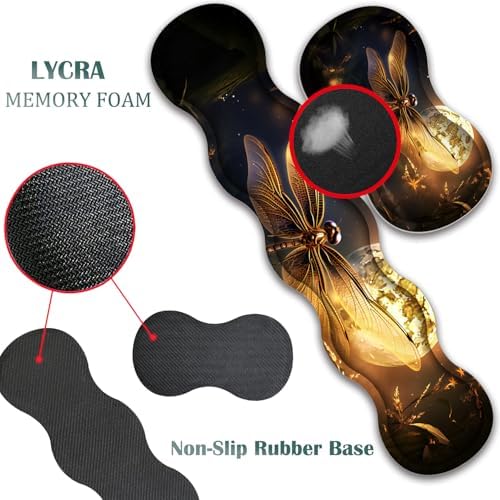 4 in 1 Mouse Pad Combo, Large Gaming Mouse Pad + Keyboard Wrist Support + Mouse Wrist Rest + Coaster, Table Pad 31.5 "x 11.8" with Memory Foam Ergonomic Wrist Pad Set, Dragonfly Under The Moon