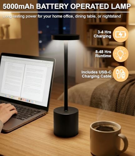Swinerton Black Cordless Table Lamp, Rechargeable 5000mAh Battery Powered Wireless Table Light, 3 Color Dimmable Lighting, Patio Outdoor Table Lamp, Bedside Night Lamp, Ambient Light for Dining
