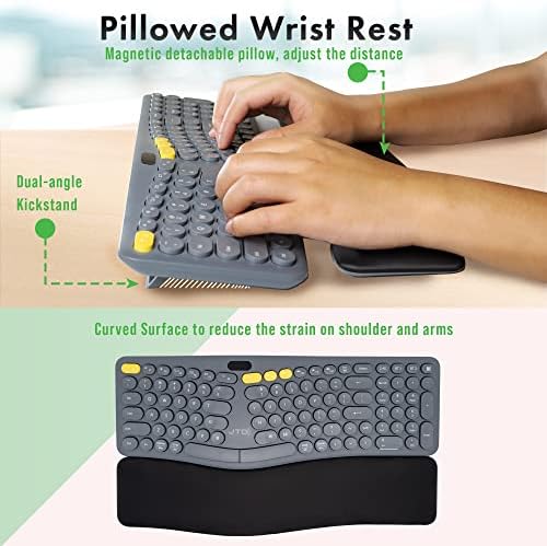 J-Tech Digital Wireless Ergonomic Split Keyboard w Display Screen Rechargeable Battery Removable Wrist Rest | Supports Multi-Device (2.4G+BT1+BT2) 12 Multimedia Keys Compatible with Windows/Mac/iPad