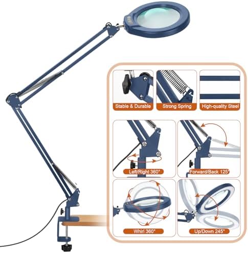 Veemagni 5 Inch Large Real Glass Magnifying Glass with Light and Stand, 5 Color Modes Stepless Dimmable, 2 * 16 Inch Swivel Arm LED Clamp Desk Lamp, Hands Free 15X Lighted Magnifier for Crafting-Blue