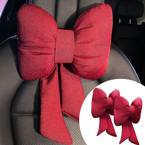 2PCS Chic Car Headrests with Bow-Shaped Cotton Linen Bowknot Neck Pillows for Cozy Road Trip & Cute Interior Decoration (Red)