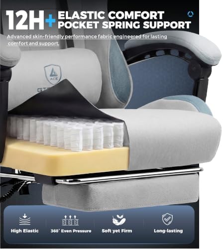 GTPLAYER Gaming Chair Fabric with Pocket Spring Cushion,Computer Office Chair with Lumbar Support for Adults Linkage Armrests and Footrest Ergonomic Gamings Chairs Height Adjustable LightGray