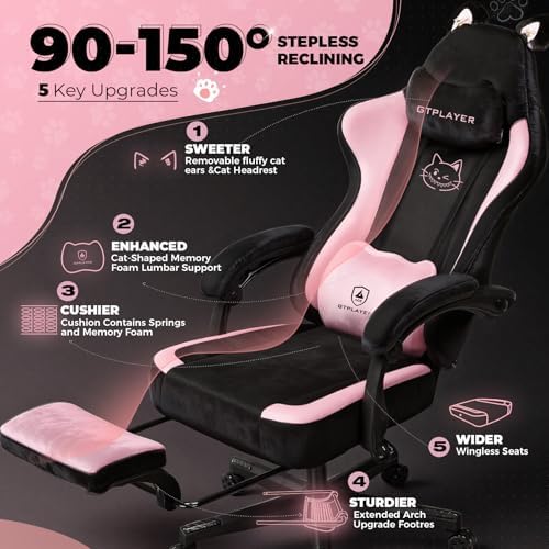 GTPOFFICE Cute Gaming Chair with Cat Ears,Ergonomic Computer Chair with Footrest Cat Paw Lumbar Support Comfortable Reclining Game Chair Desk Chair for Adult Teens, Soft Fabric, Pink Black