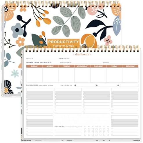 Weekly Productivity Planner - 8.5" x 11" Dashboard Desk Notepad Has 6 Focus Areas to List Tasks for Goals, Projects, Clients, Academic or Meal-Organize Your Daily Work Efficiently, 54 Weeks, Rose Flower