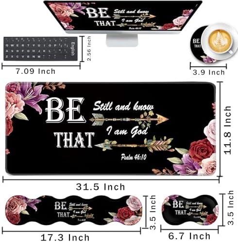 Keyboard Wrist Rest and Mouse Pad with Wrist Support Set Ergonomic Coaster,Memory Foam,Easy Typing Pain Relief,Large XL Desk Mat 31.5"x 11.8",Bible Verse Psalm 46-10 Adorable Peony Flower