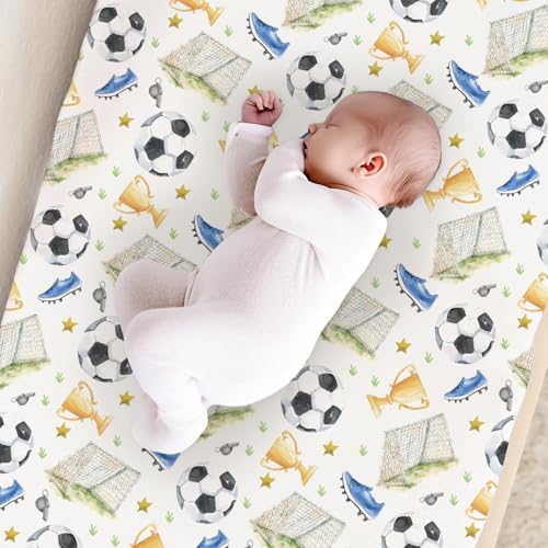 Watercolor Soccer Balls Shoes Stars Pattern Baby Changing Pad Cover, Unisex Sports Theme Nursery Diaper Changing Table Pad Mat Sheet for Boys Girls-16x32