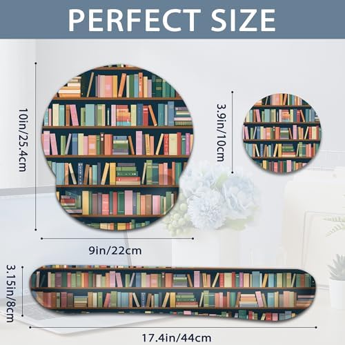 Bookshelf Ergonomic Keyboard and Mouse Wrist Rest Set, Library Book Mouse Pad with Non Slip Base, Soft Cloth Surface for Office and Home Typing Support