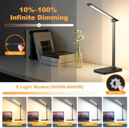 LED Desk Lamp, USB Charging Port Touch Control for Home Office 5 Color Modes with Timer,Adjustable Arm,Wireless Charging, 10 Dimmable Eye-Caring Table Light with Data Cable for Work Study