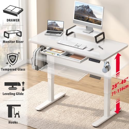 SHW 48-Inch Glass Electric Height Adjustable Standing Desk, White
