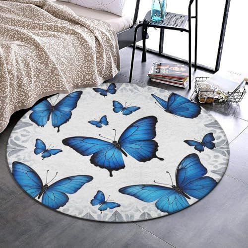 Soft Round Yoga Carpet, Large Home Decor Mat, Non Slip Machine Washable Kitchen Office Circle Rug Beautiful Blue Butterfly