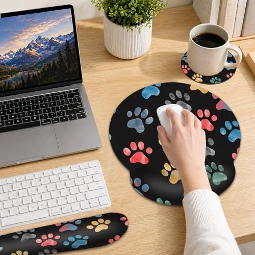 Wrist Rest Mouse Pad and Keyboard Support Set,Cute Cat Dog Paw 3 in 1 Ergonomic Memory Foam Mousepad with Non Slip Base, Gaming Mouse Pad for Office and Home