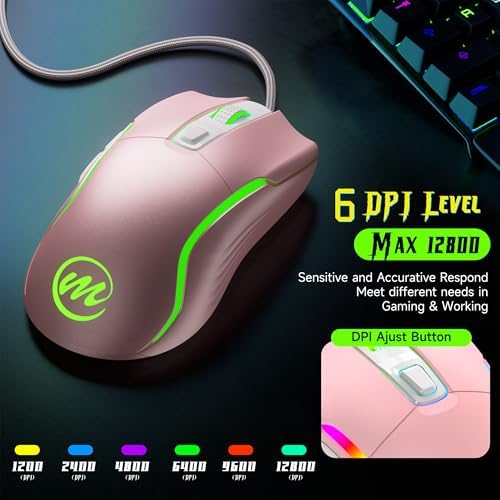 memzuoix Wired Gaming Mouse with RGB - 6 Adjustable DPI up to 12800, 6 Buttons, 12 Lighting Modes, Ergonomic Design with Anti-Slip Rubber Wheel, 5.6ft Braided Cable for PC/Mac/Windows - Pink