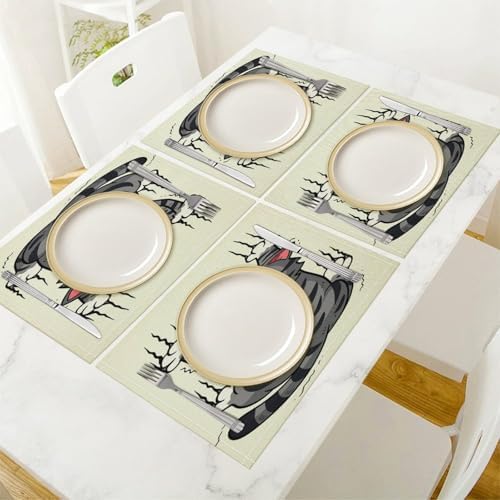 Cute Cat Stretching with Claws Out Linen Placemats Set of 4PCS, Heat Resistant Non-Slip Washable Table Placemats for Dining Everyday Use Hotel Banquet Home Decor