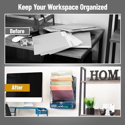Mind Reader 4-Tier Vertical File Storage, Desktop Organizer, Wall Mount, Office, Metal Mesh, 12.5"L x 4"W x 16.5"H, Turquoise
