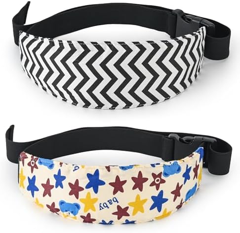 Luckyiren 2-Pack Baby Car Seat Head Support Strap Set, Minimalist Beige Stars and Stripes Pattern, Cotton, Machine Washable, 8.4x4x1.1 Inches