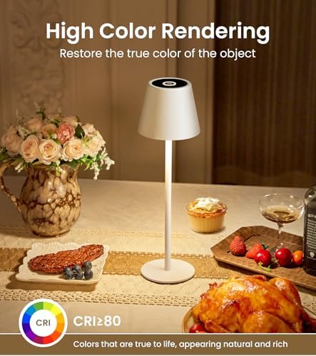 Cordless Table Lamp, Portable Battery Operated Lamp with 3 Color Temps and Stepless Dimming, Rechargeable Table Lamp for Dinner, Desk, Cafe, Outdoor (White)