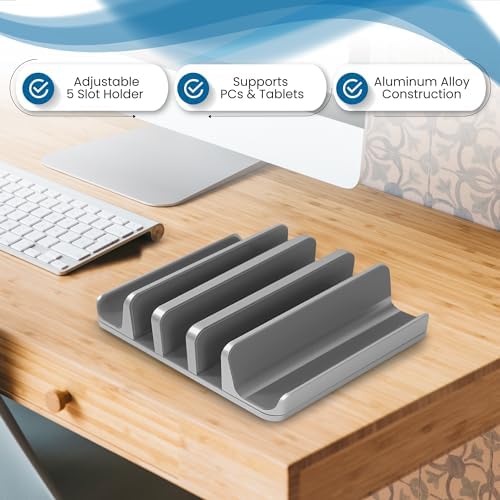 Multiple Laptop Holder Vertical – Adjustable Laptop Vertical Stand Holds 5 Devices, Fits All MacBooks Laptops Tablets and Mobiles (up to 17.3”). Closed Upright Vertical Laptop Stand for Desk