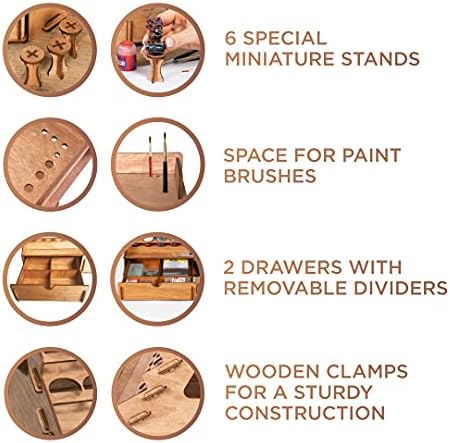 Plydolex Wooden Paint Organizer - 74 Holes Suitable for Vallejo, Citadel, Tamiya Paint Bottles - 14 Brushes Holes, 6 Minis Stands and 2 Drawers - Works for Warhammer, DnD and Other Miniatures
