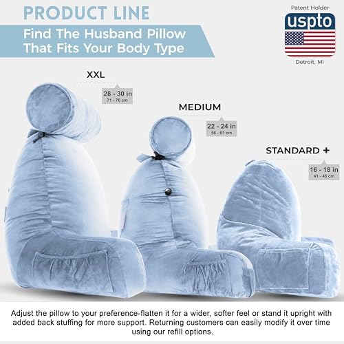 Husband Pillow XXL The Original for Adults - 30" Tall Backrest for Sitting Up in Bed - Firm Support Reading & Bed Rest Pillows for Adults, Neck Roll, Removable Cover - TV - Sky Blue