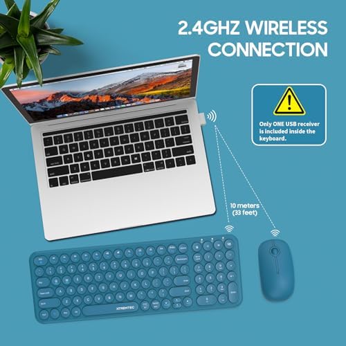 Wireless Keyboard and Mouse Combo,XTREMTEC 2.4GHz Quiet Slim Cute Round Keycap Compact Size Blue Kawaii Cordless Retro Keyboard Mouse Set Home Office Accessories for Mac/Windows (Blue)