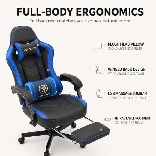 Office Desk Computer Gaming Chair for Adults, Ergonomic High Back Gamer Chair with Massage and Pocket Spring Cushion, Swivel Comfy Video Game Chairs with Footrest and Lumbar Support (Black Blue)