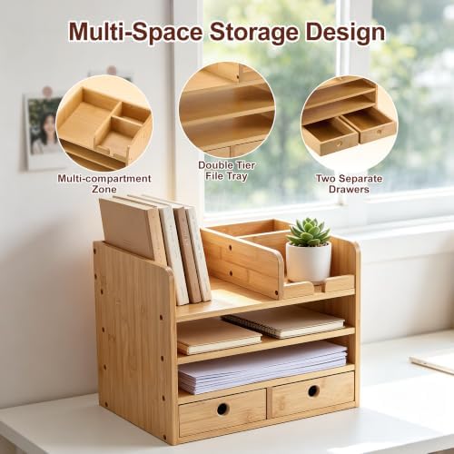 Bamboo Desk Organizer with Drawers, Makeup Storage for Home Office