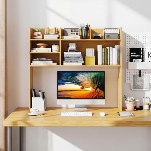 GIANTEX Desktop Bookshelf, 37" Desk Hutch Dorm for Computer Up to 32 Inch, Countertop Hutch w/6 Storage Shelves, 3-Tier Desktop Organizer Display Rack, Wood Desk Shelf for Home Office (Burlywood)