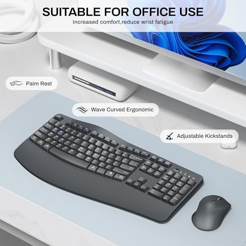 Wireless Keyboard and Mouse Combo,2.4G Full Size Ergonomic Wave Keys(Gray)