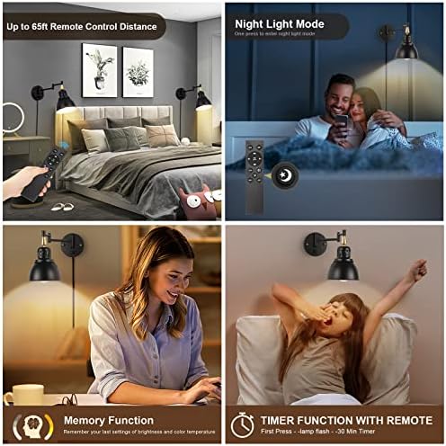 TRLIFE Wall Sconces Plug in, Remote Control Dimmable Wall Sconce and Adjustable Color Temperature 2700K-6500K Wall Lights with 6FT Plug in Cord, Swing Arm Wall Mounted Light(2 Pack, 2 Bulbs)