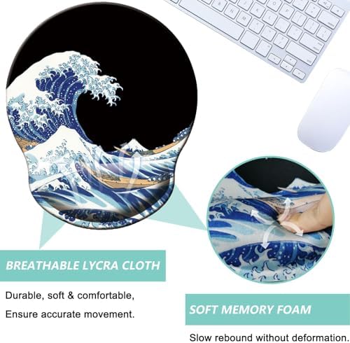 Mouse Pad with Wrist Support, Ergonomic Mouse Pad with Memory Foam Wrist Rest Cushion, Non-Slip Rubber Base Gaming Mice Pad for Home Office Computer Laptop, Sea Wave