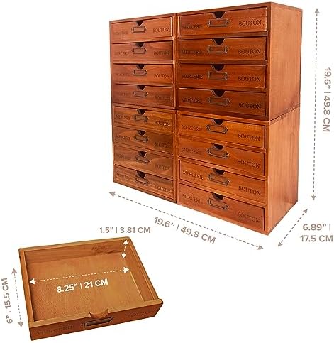 Stackable Apothecary Cabinet, 16 Drawer Wooden Storage I Vintage Card Catalog Style Organizer for Coins, Trading Cards, Crafts & DMC Floss I Multi Drawer Modular Wood Desk Cabinet w/Label Holders