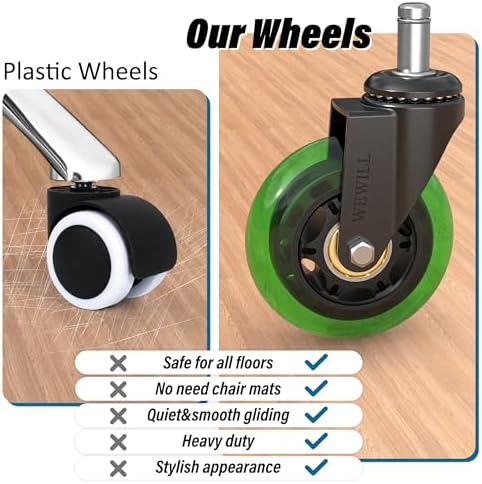WEWILL Office Chair Wheels - Rubber Casters Replacement Universal Fit 98% Chair(Set of 5) Heavy Duty 3 Inch Smoothly & Quietly Safe for All Floor, Hardwood, Tile, Carpet, Noise Free - Green
