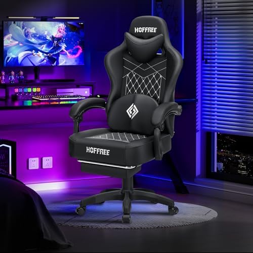 HOFFREE Gaming Chair Computer Chair with Speakers Massage Game Chairs with Footrest Bluetooth High Back Ergonomic Computer Gaming Chairs for Adults Reclining Video Gamer Chair Black