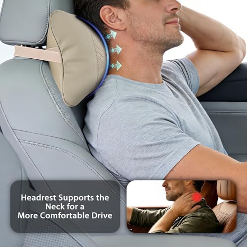 2 Pack Car Neck Pillow Soft Breathable Headrest Pillows for Driving Support, Universal Fit for Most Car Seats Decor Accessories（Beige White）