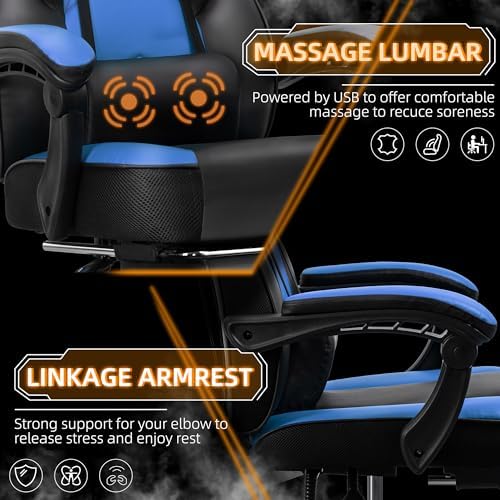 Shintenchi Gaming Chair,Video Game Chair with footrest and Massage Lumbar Support,Height Adjustable Game Chair with 360°Swivel Seat Ergonomic Computer Chair with Headrest for Office or Gaming(Blue)