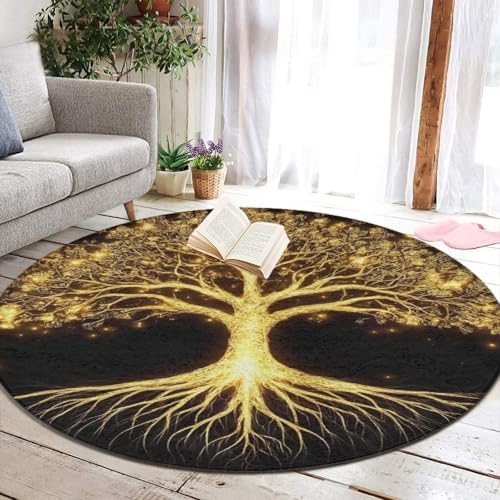 Women's Large Home Decor Mat, Soft Round Yoga Carpet, Non Slip Machine Washable Home Office Circle Rug Gold Black Tree Life Celtic Art
