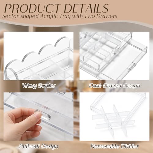 Scalloped Clear Acrylic 2-Drawer Organizer with Removable 9-Compartment Divider, 5" x 5" x 2.7" Vanity Storage for Earrings, Sewing Pins, Tiny Beads and Small Desk Accessories