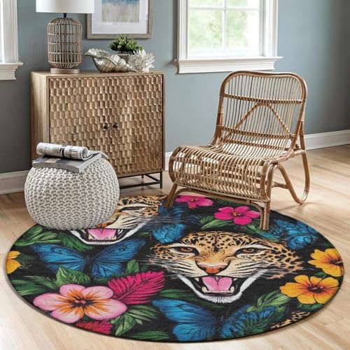 Highly Premium Quality Floor Mat, Office Chair Decor Mat, Room Sofa Yoga Soft Round Carpet Jungle Florals Cheetah Leopard Print, 24inch
