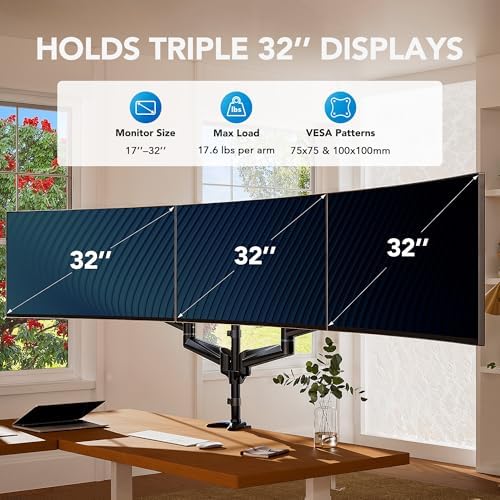 HUANUO Triple Monitor Mount for 17 to 32 inch Screens, Adjustment Gaming Triple Monitor Stand with Swivel, Tilt, Rotation, Clamp & Grommet Kit
