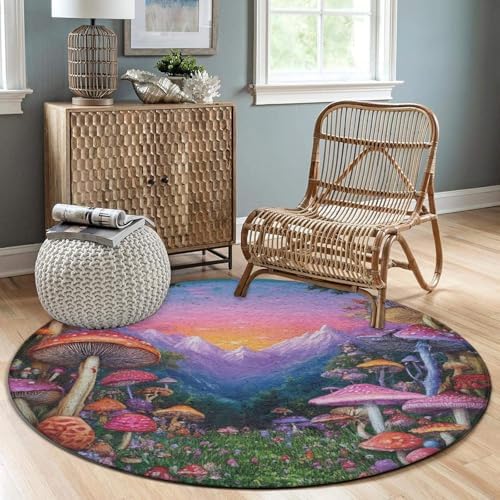 Home Decor Non Slip Kitchen Office Circle Rug, Machine Washable Modern Round Area Rug, Room Sofa Yoga Soft Round Carpet Trippy Mushrooms Art, 36inch