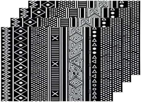 Shrahala Traditional African Geometric Placemats, Black and White Tribal Ethnic Table Mat Linen Burlap Washable Double-Deck Heat Insulation for Dining Table Kitchen Table Set of 4 (12 x 18 inch)