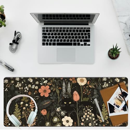 Black Cat Floral Desk Mat Large Mouse Pad for Keyboard and Mouse