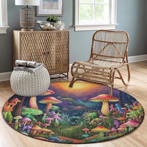 Room Sofa Yoga Soft Round Carpet, Home Decor Non Slip Kitchen Office Circle Rug, Machine Washable Modern Round Area Rug Trippy Mushroom Magic World Art, 24inch