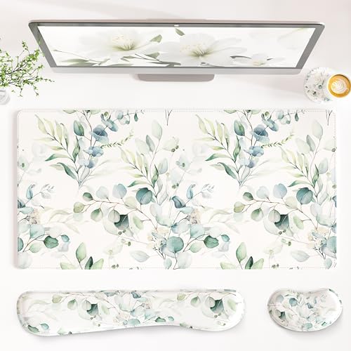 QiyI PU Leather Desk Mat Set, 4-in-1 Ergonomic Wrist Rest, Eucalyptus