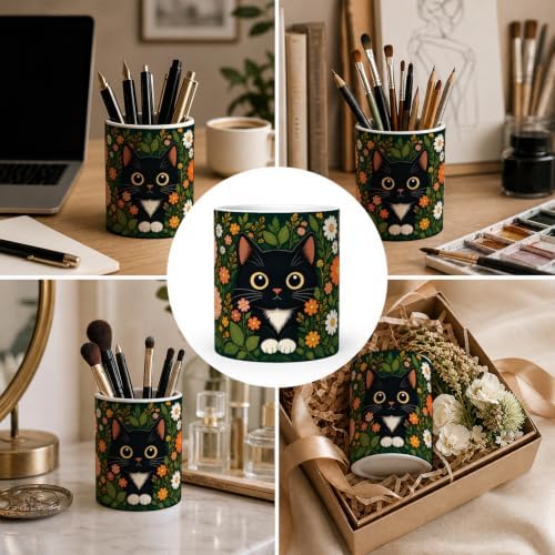 Pen Holder for Desk Ceramic Pencil Cup, Cute Makeup Brush Desk Organizer, Desk Accessories, School Supplies, Teacher Appreciation Gifts, Birthday Christmas Gift for Women (Black Cat)