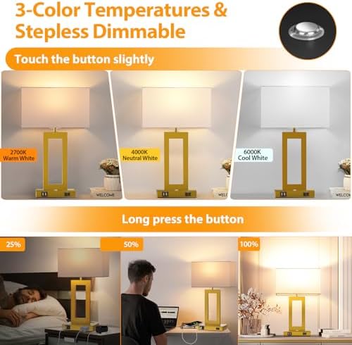 Kondras 3 Color Temperatures Touch Control Table Lamps Set of 2, Stepless Dimmable Bedside Lamps with 2 USB Ports&AC Outlet, Modern Nightstand Lamps for Bedroom Living Room, Bulbs Included, Gold&White
