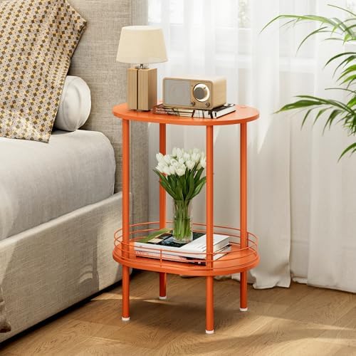 Orange Oval Nightstand Set of 2, Small Modern Round Side Table with Storage