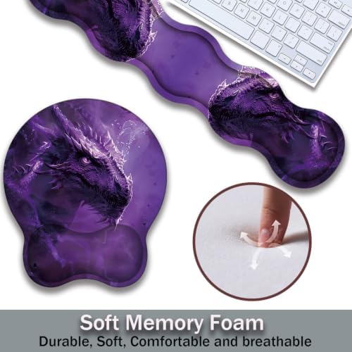 Ergonomic Keyboard Wrist Rest & Mouse Wrist Support Set with Lace Coaster, Gel Memory Foam Anti-Slip Base, Pain Relief for Typing, Purple Dragon