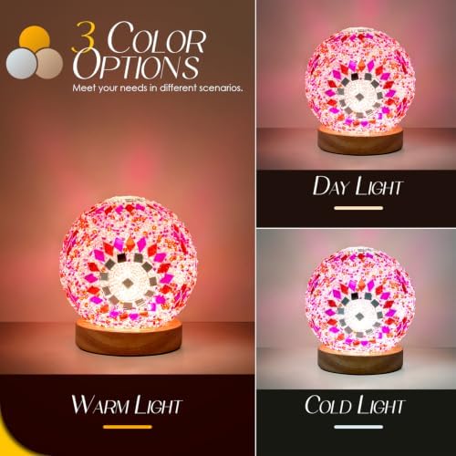Turkish Mosaic Lamp, 3 Color Temperature Tiffany Bedside Lamp with USB Power, Moroccan Glass Lantern Table Lamp for Living Room Decor, Simple Control (D:4.7" x H:5.2") (Red1)