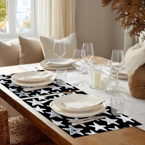 Shrahala Black White Set of 6 12 X 18 Inch Linen Placemats, Chalkboard Pattern Stars Burlap Table Mat Washable Double Layered Heat Insulation for Indoor/Outdoor